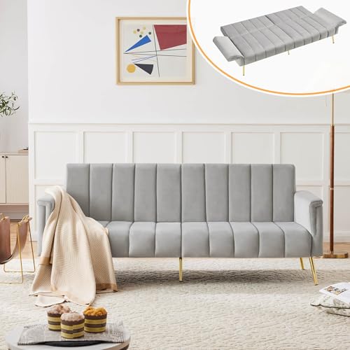 Sofá convertible esquinero de 5 posiciones de terciopelo suave, sofá cama modular con reposabrazos ajustables, estructura compacta, ideal estudio salón (gris)