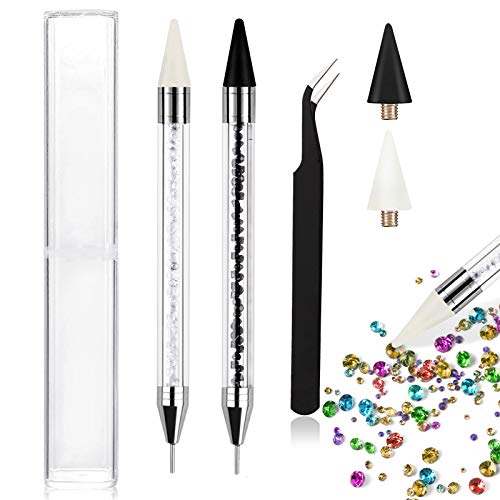 2 Pack Nail Rhinestone Picker Dotting Pen, EBANKU Dual-end Diamond Crystals Picker Wax Pencil Rhinestones Pickup Tool with 2 PCS Extra Wax Heads and 1 PC Tweezer