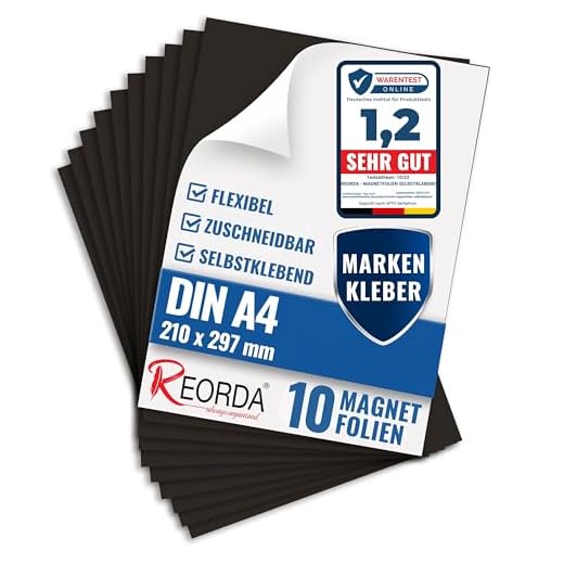 Reorda Magnetfolie DIN A4 selbstklebend 10er Set - Magnetpapier mit starkem Marken-Kleber - Magnetplatte zuschneidbar für Kühlschrank, Tafeln & Poster - Magnetische Folie selbstklebend für's Basteln