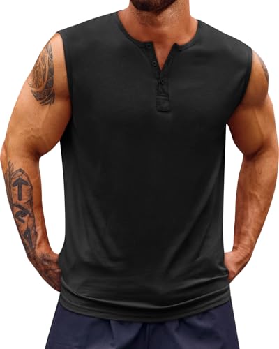 Runcati Mens Muscle Tank Tops Sleeveless Workout Gym Slim Fit Henley Shirt Casual Basic Summer Beach Tops Black