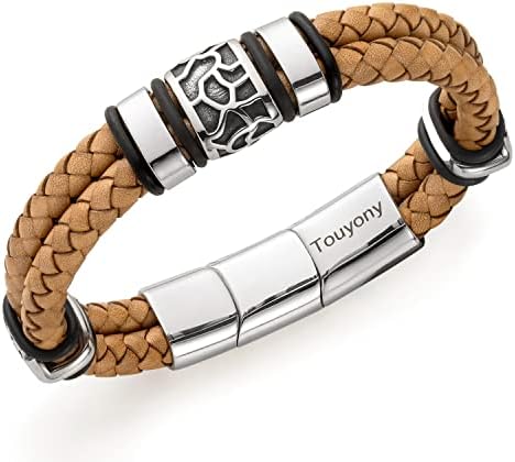 Touyony Premium Leather Bracelets for Men Stainless Steel Double Row Braided Leather Bracelets extra links men dad Gift Jewelry Hand Jewelry Accessories Brown Black Navy blue and Red