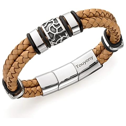 Touyony Mens Leather Bracelet Premium Leather Braided Bracelet Stainless Steel Jewelry Gift Accessories Men's Bracelet Cover