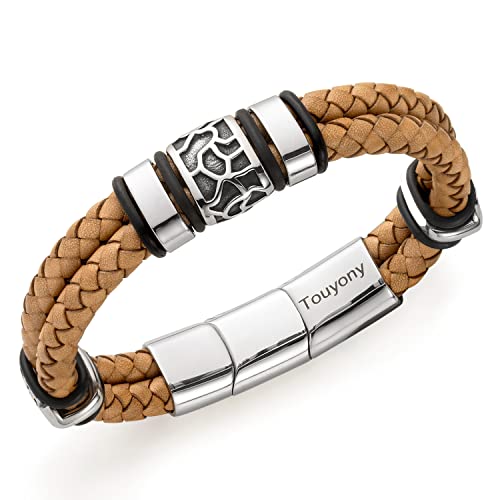 Touyony Premium leather bracelet for men Brown/black leather stainless steel wristband jewelry Adjustable clasp men's son gift accessories