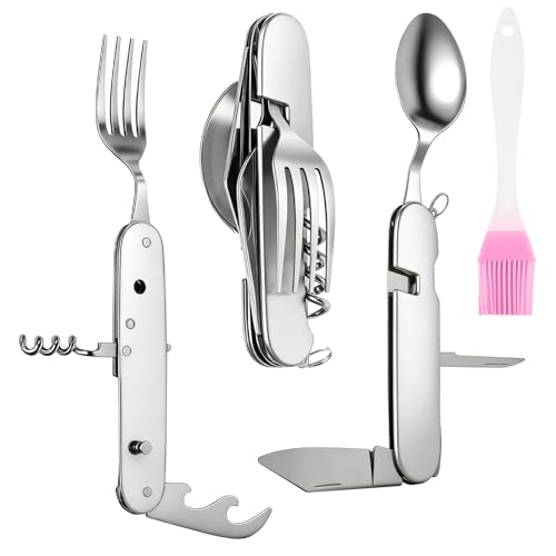 SLIAXINT 6 en 1 Couverts de Camping Pliants Acier Inoxydable, Kit Multifonction Pliable avec Couteau, Fourchette, Cuillère, Ouvre-Bouteille et Pinceau BBQ...