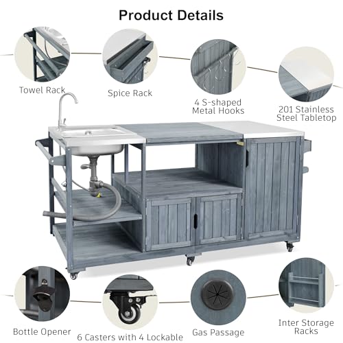 Image of Merax 75.4 inch Outdoor Grill Table for Big Green Egg, Outdoor Grill Cart with Sink, Solid Wood Grill Station Prep Table with with Stainless Steel Tabletop and Storage for Pizza Prep & BBQ,Grey Blue