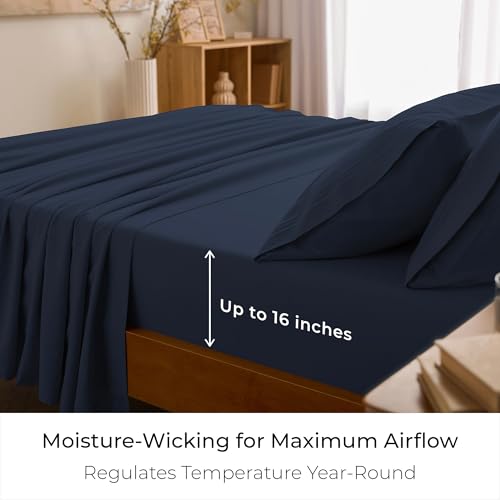 Image of Mellanni Queen Sheets Set - 4 PC Iconic Collection Bedding | Hotel Luxury, Extra Soft, Cooling Bed Sheets - Wrinkle, Fade, Stain Resistant (Queen, Navy Blue)