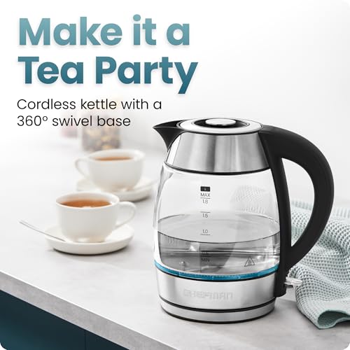 Image of Chefman Electric Kettle 1500W, 1.8L Hot Water Boiler, Removable Lid for Easy Cleaning, LED Indicators, Auto Shutoff & Boil-Dry Protection, Borosilicate Glass Electric Tea Kettle - Stainless Steel