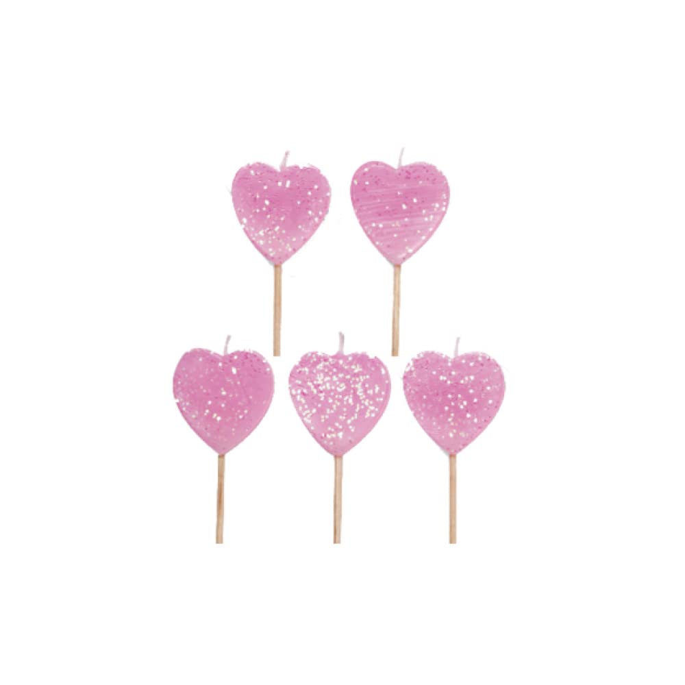 Anniversary House Pink Glitter Heart Birthday Candles For Cakes, Pack Of 5, Celebration Cake Topper Decoration, 7.5 Centimeters, AHC134
