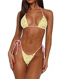 Alyweatry Women Two Piece String Bikini Set Floral Print Halter Side Tie Triangle Thong Swimsuits Bathing Suit (Blossom-Yellow, S), Small