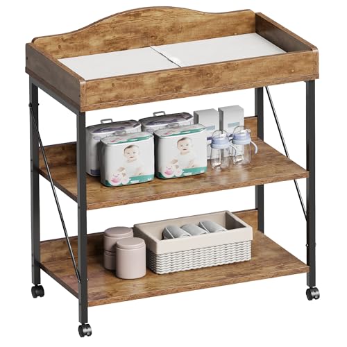 Yetom Baby Changing Table, Diaper Changing Station with Pad and Wheels, Two-Tier Open Storage...