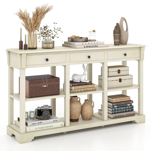 COSTWAY Vintage Console Table, 146cm Long Slim Entryway Sofa Table with 3 Drawers & Open Storage Shelves, Solid Wood Legs Behind Couch Table for Hallway, Entrance, Foyer and Living Room (Cream White)