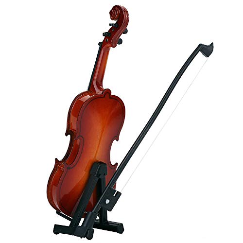 Wooden Miniature Violin, Wooden Mini Violin Model Display with Bow Stand and Case Musical Ornament Craft for Home Office Decor Birthday Gift - Thumbnail 3
