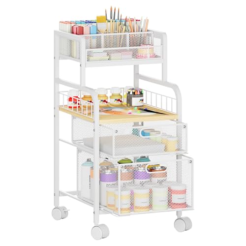 SWTYMIKI Rolling Cart with Drawers - Metal Craft Cart with Wheels, DIY Divider and Wood Shelf, Art Supply Organizer for Under Desk Storage, Utility Storage Cart for Home Office Studio, White