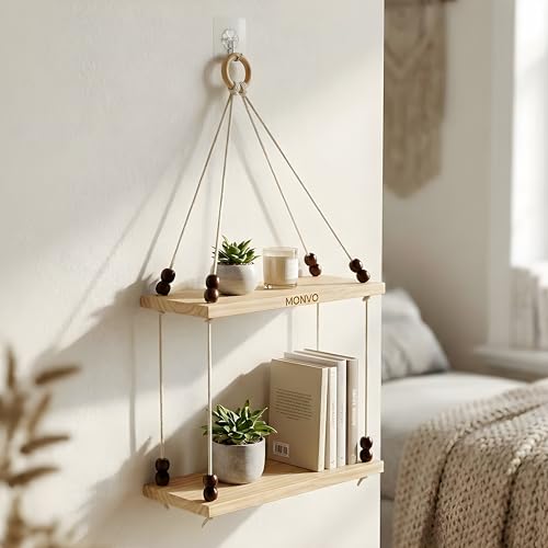 Image of 2Tier Hanging Shelf with Magic Hook, Use Decor Plants, Books, Decorative Gift Items Nursery Livingroom Wooden Beads & Ring Woven Bohemian Chic for Dorm