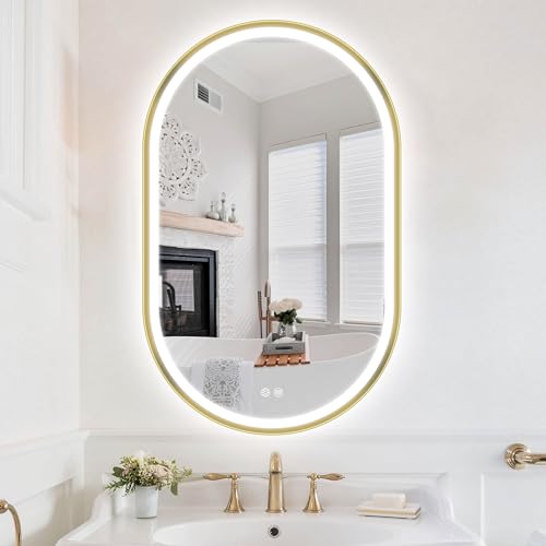 S'bagno Espelho casa de banho com luz oval 50 x 80 cm, espelhos de casa de banho com LED e moldura de alumínio, anti-embaciamento, 3000 K-6500K, vidro temperado HD, IP44, função de memória, horizontal