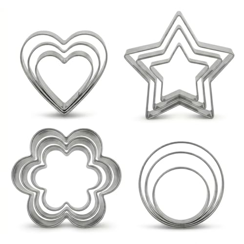 Image of 12 Pcs Cookie Cutters Set, Stainless Steel Biscuit Cutters for Baking, Heart Star Flower Round Cookie Cutter Set, Small Metal Cutters for Cookies Cakes Fruits, Valentines Cookie Cutters