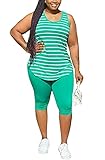 acelyn Women's Striped 2 Piece Outfits Plus Size Casual Summer Tank Tops Biker Shorts Sets (X9244-Gr