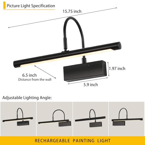 Image of Picture Light, 5000mAh Battery Rechargeable Wall Sconce,16 inch Black Art Painting Light with Remote Dimmable, 3 Color temperatures & Timmer Art Lights for Paintings,Picture Frame,Gallery