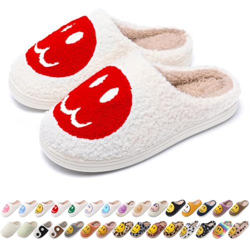 Image of Women's Men's Preppy Happy Face Slippers Comfy Warm Plush Slip-On House Slipper for Winter Indoor Soft Cushion Non-slip Fluffy Slides Slippers