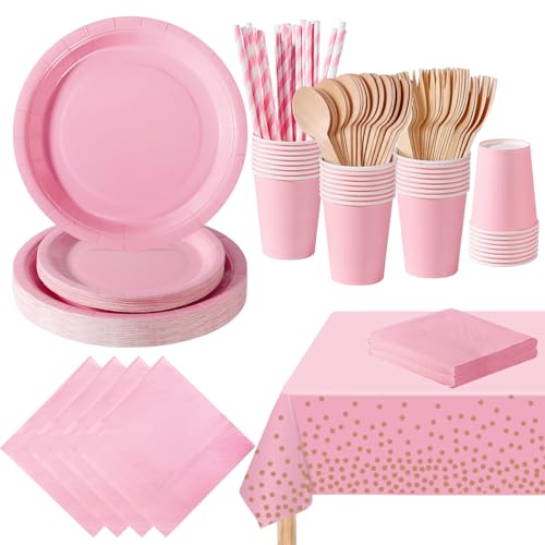 PYAILI 169 Piezas Rosa Claro Vajilla Fiesta Cumpleaños, Platos y Vaso Cumpleaños Infantil, Set de Party Decoración Platos Servilletas para Navidad, Barbacoas, Fiestas -24 Invitado