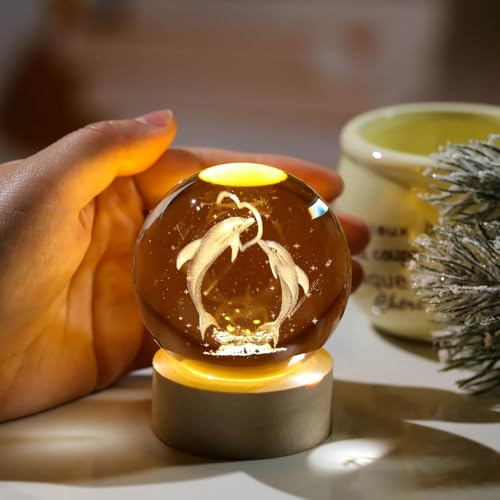 Image of UCRAVO LED Cristal Ball Lamp | LED Dolphin 3D Crystal Ball Night Light | Glass Ball Illuminated with Wooden Base | USB Charging Lamp for Bedroom | Home Decor & Gift with Soft Ambient Lighting