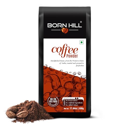 Image of BORN HILL Coffee Powder 500 Gram|Aromatic & Strong Filter Coffee Blend|Perfect For Moka Pots & Coffee Machines|Freshly Roasted & Ground|Medium Roast|0% Chicory, Packet