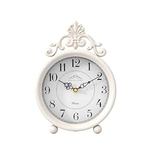 Vintage White Table Clock, Desk and Shelf Mantel Clock, French Rustic Antique Style Decor Clocks, for Farmhouse, Bedroom, Living Room, Bedside, Gift (9″ H x 6.3″ W)