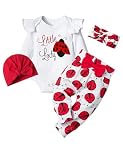 TyeSmo Newborn Girl Clothes Newborn Girl Outfits White Ruffle Long Sleeve Romper Red Ladybug Prints Pant Sets Baby Girls New Born Clothes With Headband