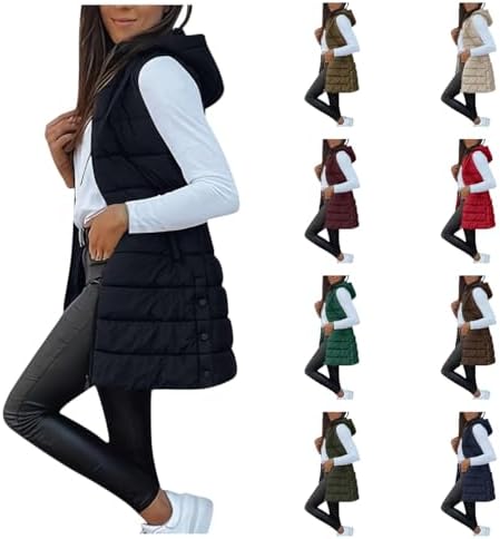 Long Puffer Vest Women Sleeveless Puffy Padded Hooded Quilted Jacket Coat Winter Fall Cozy Zip Up Outerwear Coat 2025