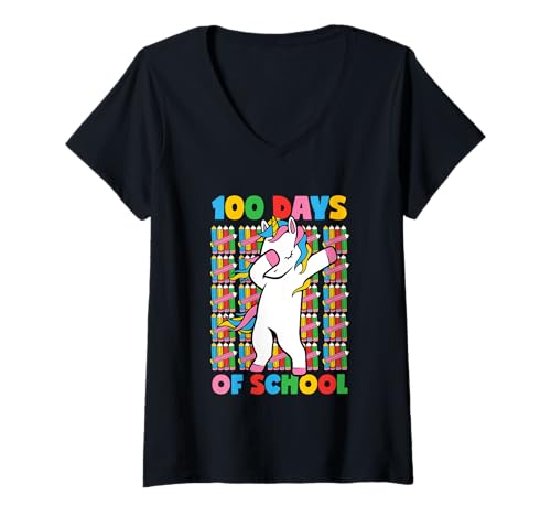 Femme Célébration des 100 jours d'école licorne T-Shirt avec Col en V