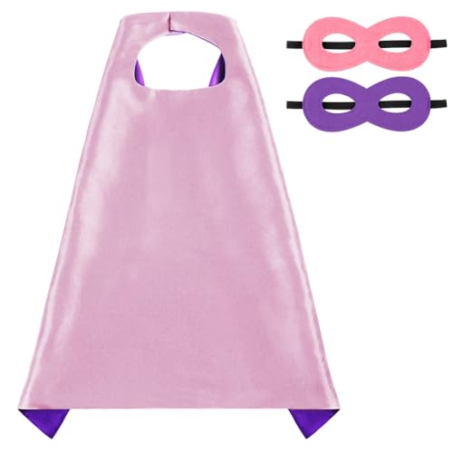 AUYAO Camadas super-heróis para crianças, conjunto de disfarces de camadas de heróis com máscara, camada de dupla face e máscaras, disfarces para crianças, festa de Natal, Halloween, Cosplay, aniversário, roxo e rosa