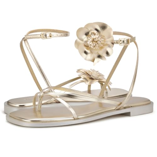 DIFEMA Womens Flats Sandals Square Toe Strappy Ankle Strap Flats, LESLIE-GOLD WITH FLOWERS-10