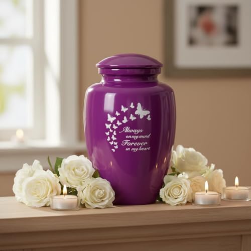 Image of Urns for Human Ashes Adult Female and Male,Large Purple Butterfly Cremation Urn for Human Ashes Women Men,Decorative Funeral Burial Urns for Mother /Mom /Sister /Grandma(Aluminum)