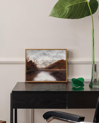 Image of KISSFOX Vintage Fall Countryside Framed Wall Art Autumn Lake Mountain Forest Landscape Canvas Art Farmhouse Nature Paintings Artwork Rustic Serene Art Prints For Kitchen Living room Bedroom