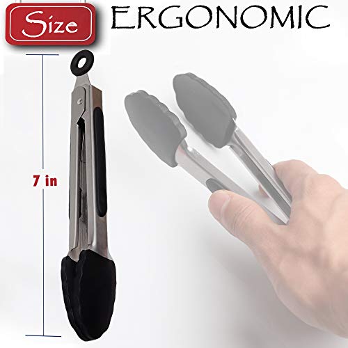5 Pack Silicone Cooking Tongs Set 7-Inch Mini Tongs Heavy Duty Black Stainless Steel Silicone Small Kitchen Tongs with Non-Stick Silicone Tips for Food,Serving,BBQ,Salad,Grilling and More