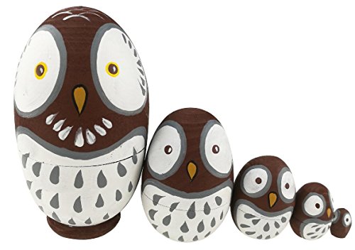 Winterworm Cute Egg Shape Animal Theme Handmade Wooden Russian Nesting Dolls Matryoshka Dolls Set 5 Pieces for Kids Toy Birthday Christmas Easter Gift Home Decoration-Owl