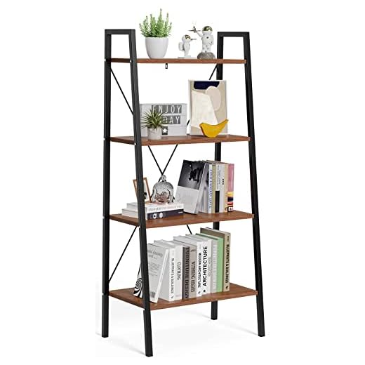 FURNINXS Ladder Shelf Bookcase, Bookshelf 4 Tier, Industrial Standing Shelf Storage Rack Storage Organizer Plant Stand, Steel Frame Book Shelf for Living Room/Bedroom/Kitchen/Bathroom - Red Brown