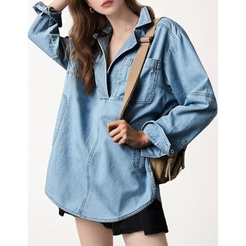 Women's Denim Pullover Button V Neck Long Sleeve Shirt Classic Retro Jean Jacket Casual Loose Tops with Pocket2