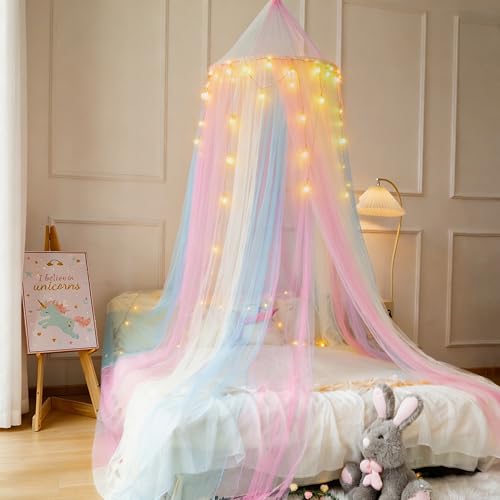 Image of Princess Rainbow Bed Canopy with Lights for Girls Bed Net,Princess Canopy for Kids Bed Room Decor (Rainbow + Lights)