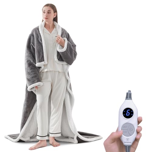 Westinghouse Electric Snuggle Throw Blankets with Foot Pocket, Wearable Heated Blanket with Sleeves, 6 Heating Levels & 2 to 10 Hours Heating Time Settings, 50 * 70"+18", Light Grey