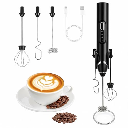 Image of Milk Frother Handheld with stand,Rechargeable Coffee Frother Wand with 3 Detachable Stainless Steel Whisk Heads, Hand Electric Mixer for Latte,Matcha,Cappuccino,Protein (Black)