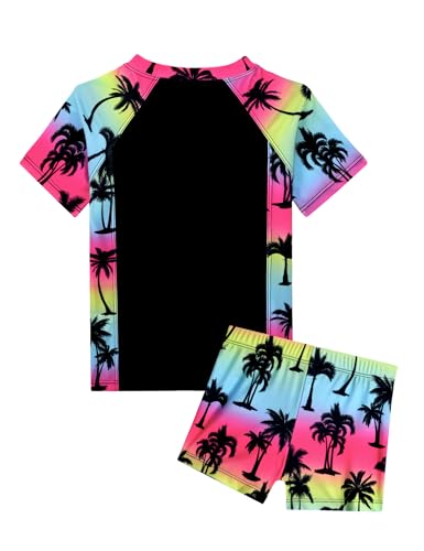 Image of Girl Swimsuits 2 Pieces Multicolor Short Sleeve Quick Dry Durable Rash Guard Set with Shorts