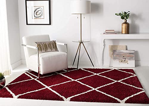 Image of Trellis Design Microfiber Hand Woven Shaggy Carpet Collection with 2 inch Pile Height Carpet for Living Room Size 8x11 feet coular Red /Ivory