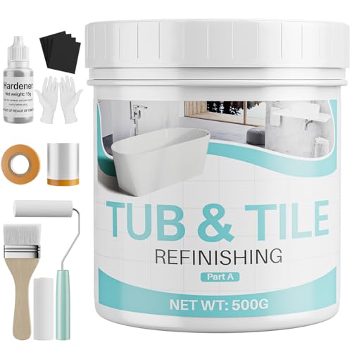 Tile Paint, 17.6oz Tub and Tile Paint Refinishing Kit with Tools and Hardener, Easy to Use for Countertop Bathroom Bathtub Kitchen Sink, Semi-Gloss White, Low Odor，25-30sq.ft