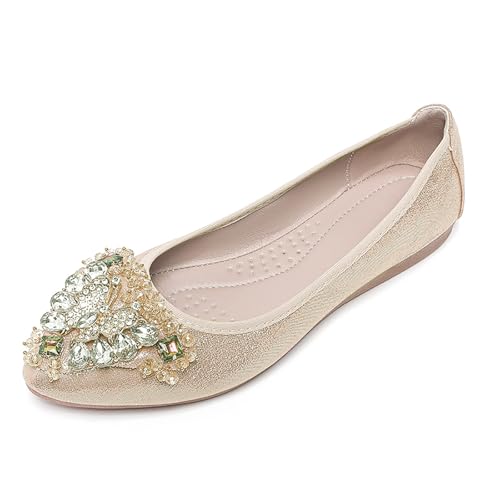 YOUNIFIZ Women's Ballet Flats Rhinestones Wedding Ballerina Shoes Foldable Portable Pumps Sparkly Comfort Slip on Flat Shoes(Gold,Size 4)