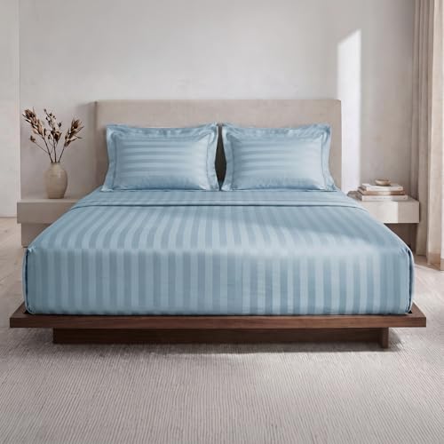 Image of LANE LINEN 100% Cotton Super King Bedsheet with 2 Pillow Cases | Damask Stripe 3pc Bedding Set- 2.74M x 2.74M | Breathable & Comfortable Fabric | Oeko-TEX Certified - French Blue