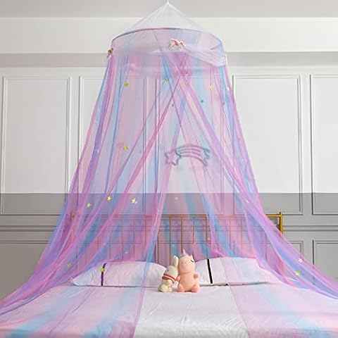 FIOBEE Bed Canopy for Girls Canopy Bed Curtains Mosquito Net Princess Room Décor with Stars for Baby Crib Kids Bedroom, Purple Cover