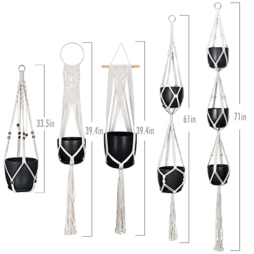 Macrame Plant Hangers, Hanging Planters Set Of 5 With 5 Hooks, Hanging Planters For Indoor And Outdoor Plant Décor, Different Tier (5 Sizes) Beige #TOP5