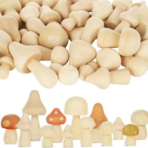 LANIAKEA 100 Pieces Unfinished Wooden Mushrooms 10 Sizes of Natural Wood Mushrooms Mini Wood Mushrooms for Craft DIY Projects Ornaments Paint Color Home Desk Bookshelves Decoration