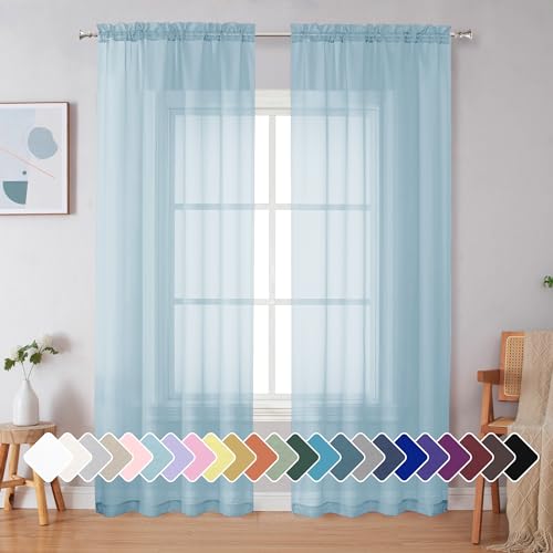 Image of Simplebrand Sky Blue Sheer Curtains 90 Inches Long 2 Panels, Light Filtering Rod Pocket Solid Color Window Sheer Curtain Panels, Elegant Curtains & Drapes for Living Room, Bedroom, 42 inch W x 90 inch L